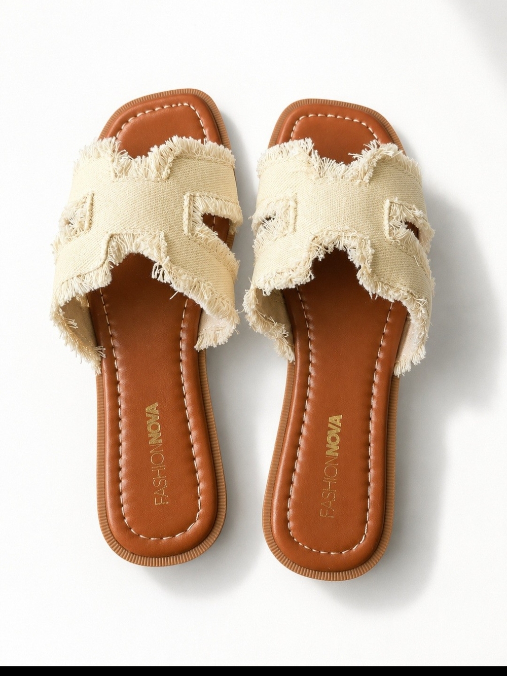 Fashion Nova Cream Frayed Slide Sandals with Tan Footbed